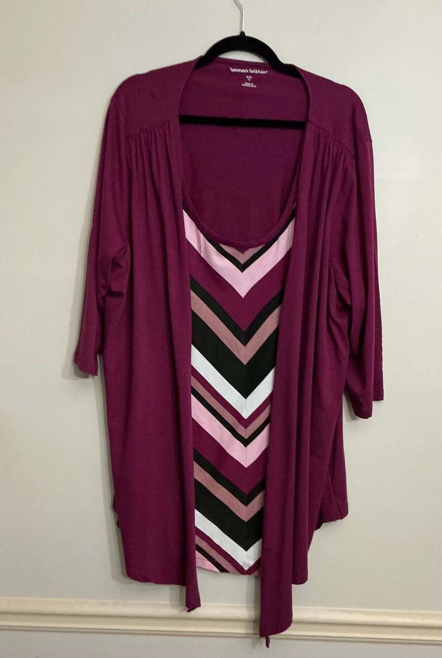 Woman Within 7-Day Layered 2-in-1 Tunic Deep Claret Bias Stripe 2X 26/28